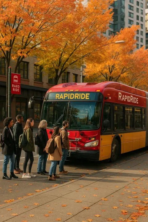 Group of People Wait to Board a Red RapidRide Bus