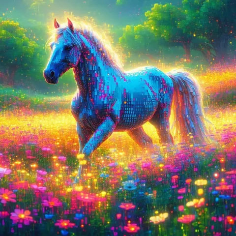 Digital Horse Grazing in Pixelated Neon Flowers