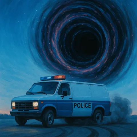 1990s Boxy Police Van Drifts Before an Artistic Wormhole