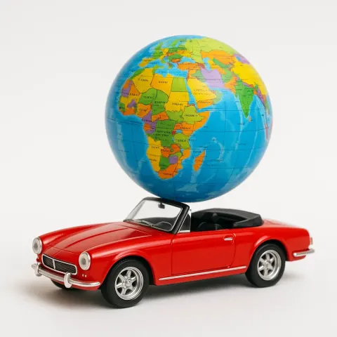Red Toy Convertible Car Carrying a Colorful Globe
