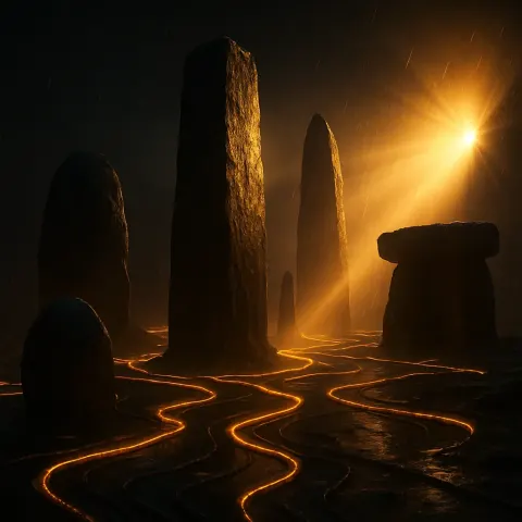 Diverse Megaliths Amidst Intricate Glowing Conduits Are Starkly Side-lit