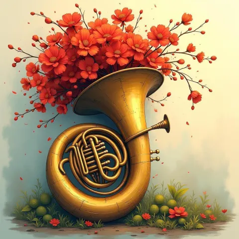Hand Drawn Tuba Blooming With Red Flowers