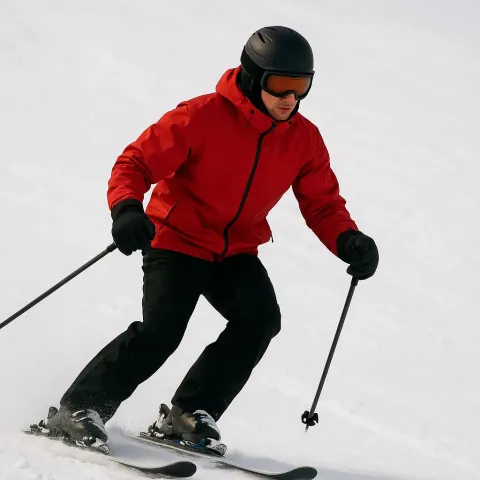 Person Skiing Downhill on Snow Wearing a Red Jacket