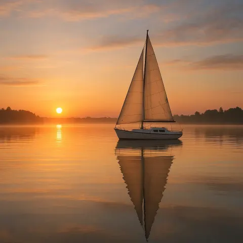 Sailboat Resting on a Tranquil Lake as the Sun Begins