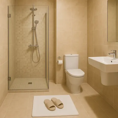Modern Bathroom with Beige Marble Walls