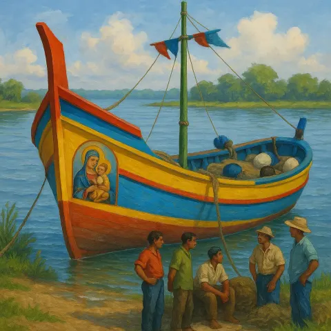 Colorful Fishing Boat Adorned with a Religious Painting Is Docked