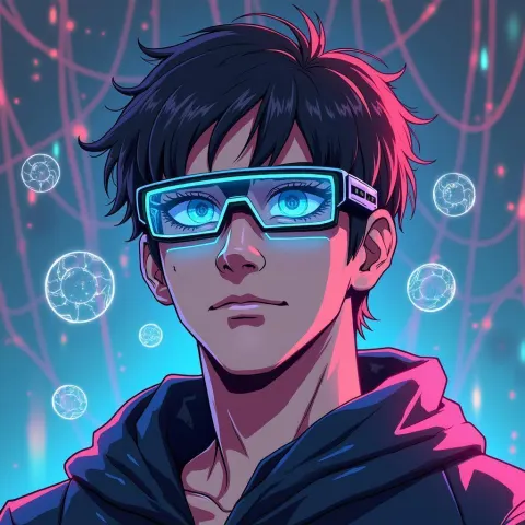 Cyberpunk Man With Google Glass and Holograms