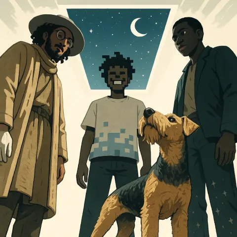 Three Imposing Figures and a Majestic Airedale Terrier—its Prominent Beard