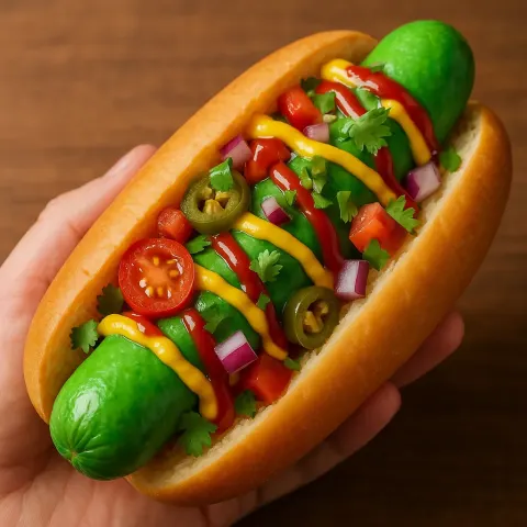 Vivid Green Sausage Nestled in a Bun