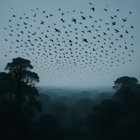 Vast Flock of Silhouetted Birds Wheels Above a Sprawling