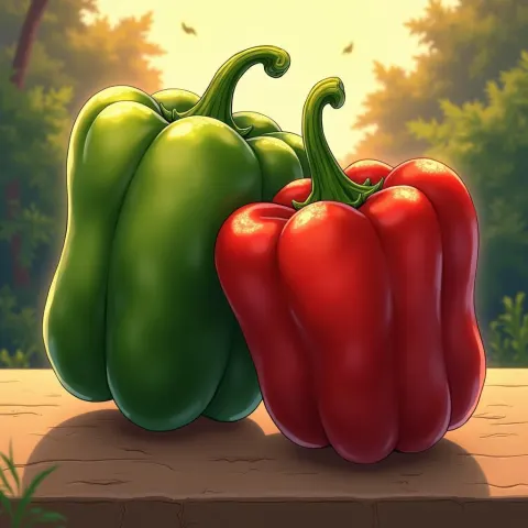 Green and Red Peppers in Golden Anime Light