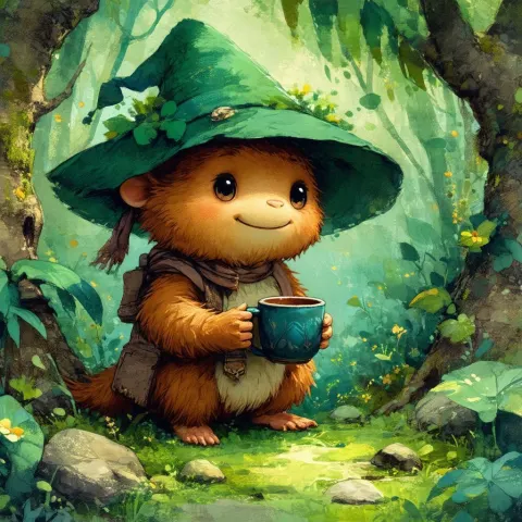 Green Hatted Creature Sipping in a Lush Garden