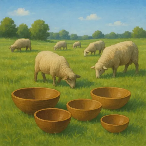 Depict a Serene Countryside Setting with Four Wooden Bowls Resting