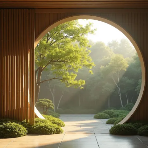 Cubist Japanese Garden Through a Bamboo Window