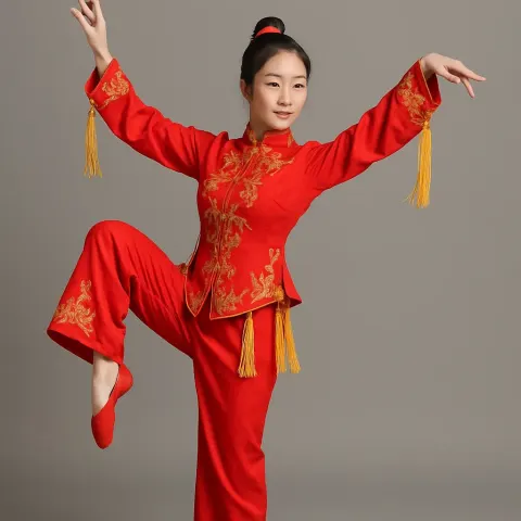 Person Wearing a Bright Red Traditional Chinese Dance Outfit