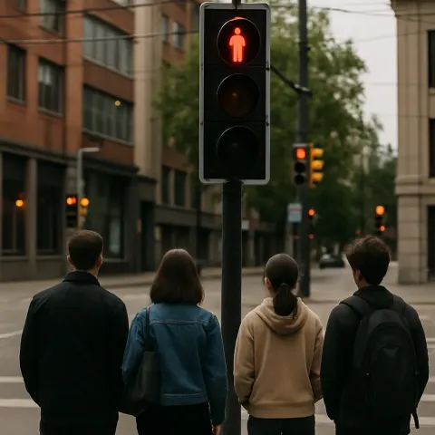 Individuals Watching a Stoplight at a Crossroads
