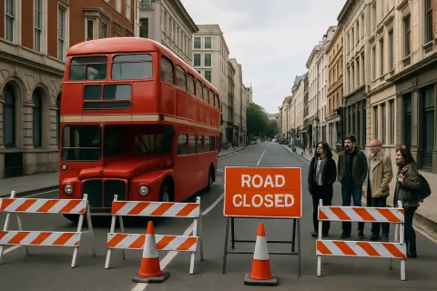 Red Double-decker Bus Is Stopped near a Barricaded Street