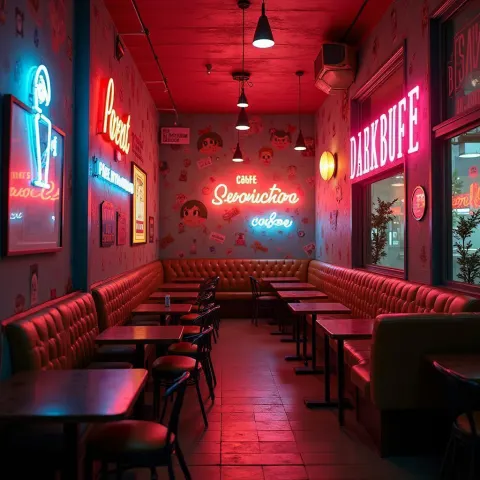 Retro Neon Signs Blanket a Futuristic Cafe