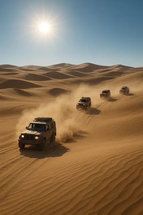 Small Convoy of Rugged Vehicles Kicks Up Plumes of Dust