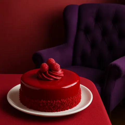 Visual Depicting a Deep Red Dessert Alongside a Purple-colored Armchair