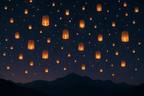 Countless Glowing Paper Lanterns Drift Upwards into a Deep Indigo