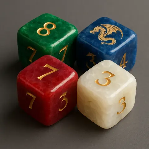 Ultra-realistic 3D Render Depicting Four Gemstone Dice Positioned Closely Together