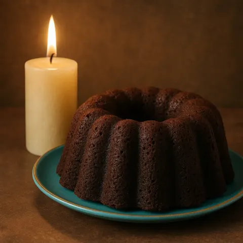 Chocolate Bundt Cake Resting on a Turquoise Plate