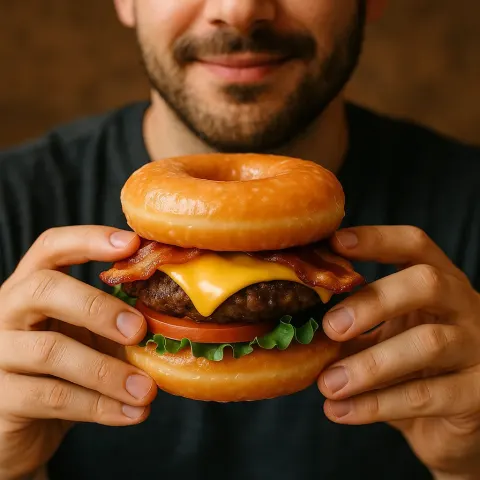 Person Grasping a Cheeseburger Made with Glazed Donuts Instead