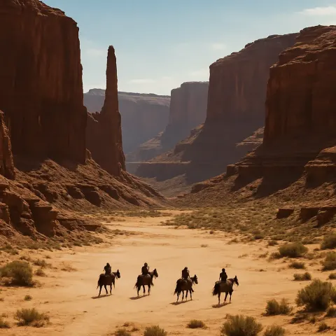 Several Distant Horseback Riders Traverse a Vast