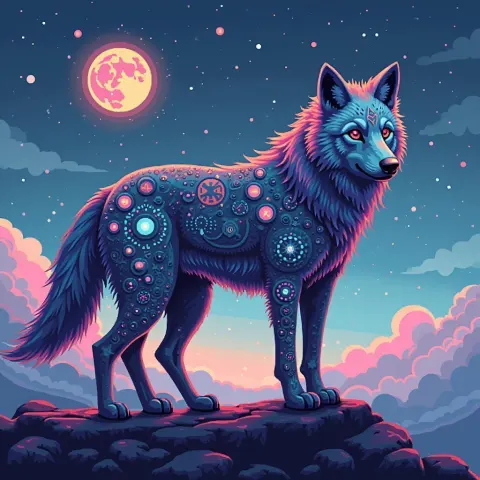 Celestial Pixel Wolf Bridging Earth and Cosmos