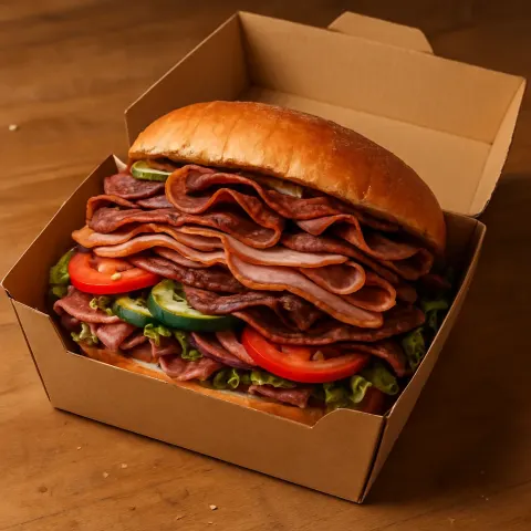 Heaping Sandwich Stuffed with Assorted Meats and Crunchy Vegetables Sits