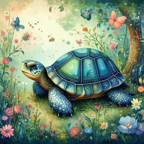 Whimsical Turtle Amid Fantastical Garden Flora