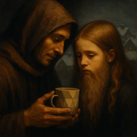 Hooded Lover Gently Offers a Geometric Coffee Mug