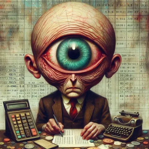 Surreal Accountant Surrounded by Strange Calculators