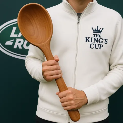 Person Wearing a White Jacket with a "The King's Cup"
