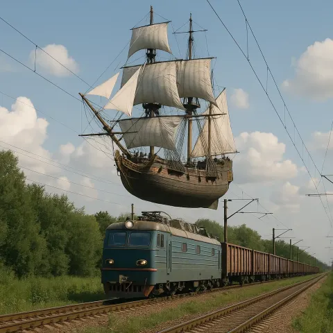 Image Depicting a Ship Levitating over a Railroad