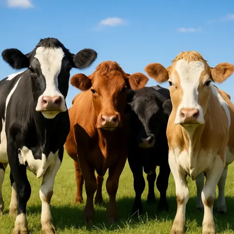 Group of Cows Standing Close Together in a Grassy Field