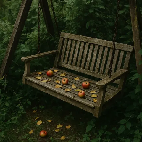 Weathered Wooden Garden Swing Adorned with Scattered Leaves and Apples