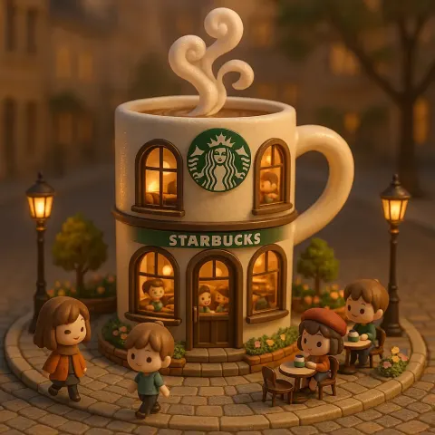 3D Chibi-style Miniature of a Quaint Starbucks Café, Crafted