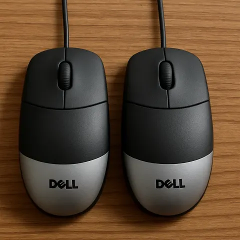 Two Identical Black and Silver Dell Computer Mice