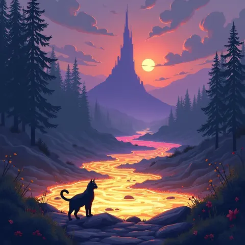 Molten Gold Lake Beneath a Purple Spire