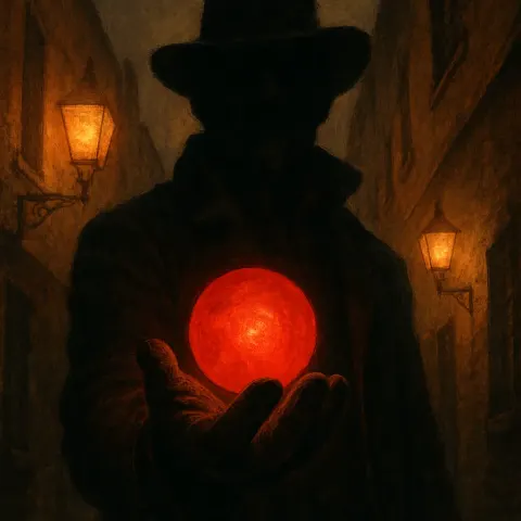 Unknown Figure's Gloved Hand Presents a Luminous Crimson Orb