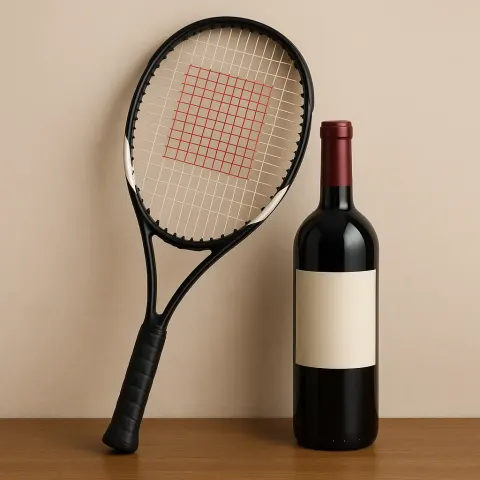 Bottle of Red Wine with a Tennis Racket