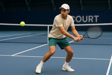 Tennis Player Wearing a Casual Outfit Prepares to Hit