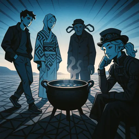 Scene Rendered with Stylized Figures and Patterns Unfolds