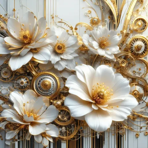 White and Gold Steampunk Flowers With Glowing Gears