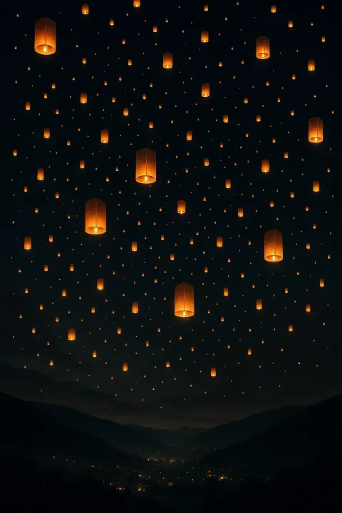Countless Glowing Lanterns Ascend into the Dark Night Sky