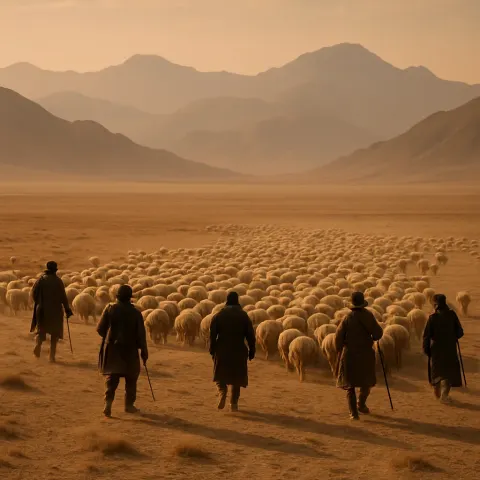 Handful of Nomadic Herders Guide their Vast Flock of Sheep