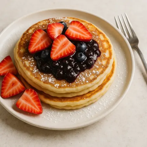 Plate of Pancakes Topped with Sliced Strawberries