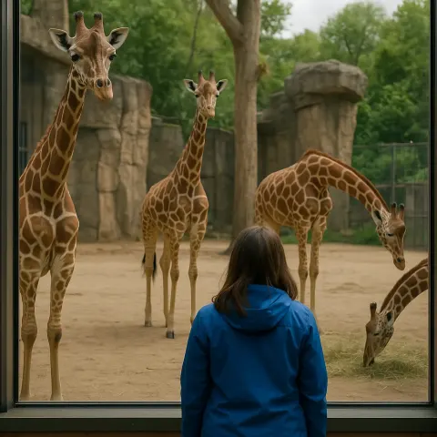 Woman in a Blue Jacket Observes Giraffes